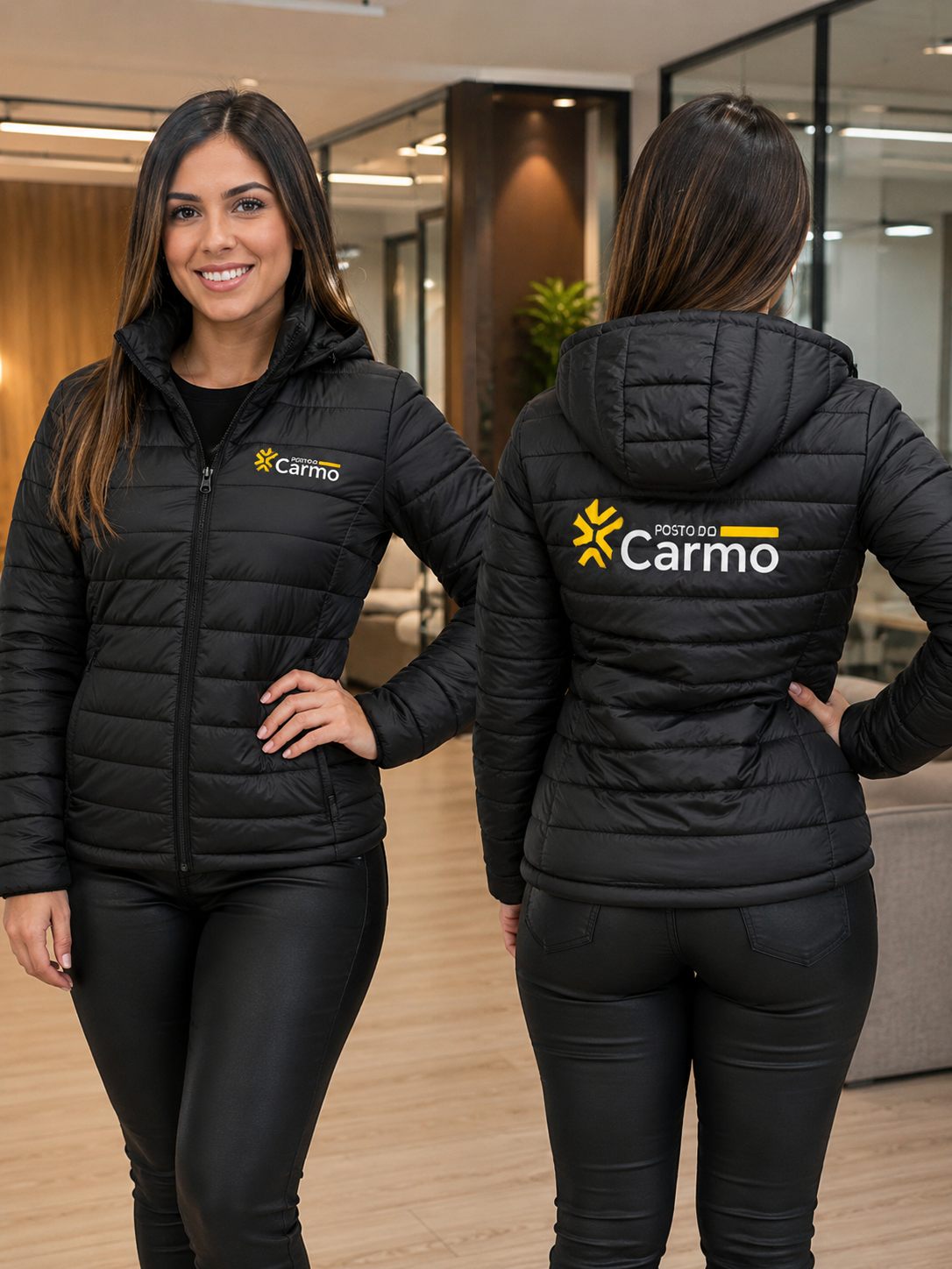Jaqueta bobojaco puffer preta personalizada Full Fardas, unissex com capuz removível